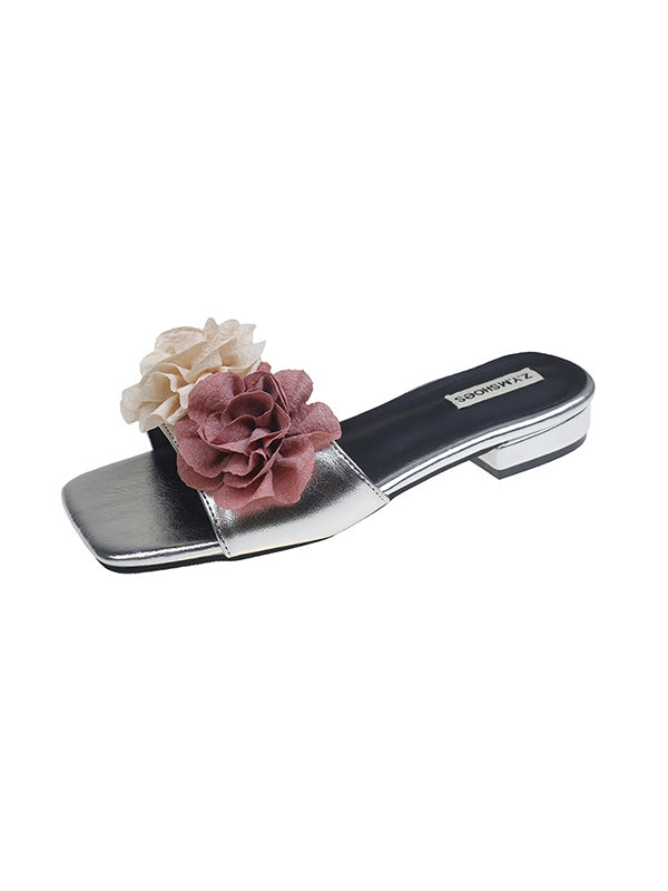 Flower Shape Open Toe Split-Joint Square-Toe Slippers&Mules