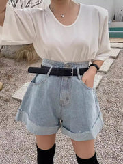 Belted Buttoned Pockets Split-Joint High Waisted Loose Denim Shorts