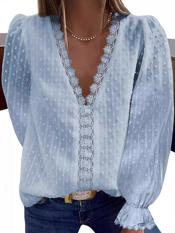 Elasticity Embroidered Solid Color Split-Joint Flared Sleeves Long Sleeves V-neck T-Shirts Tops