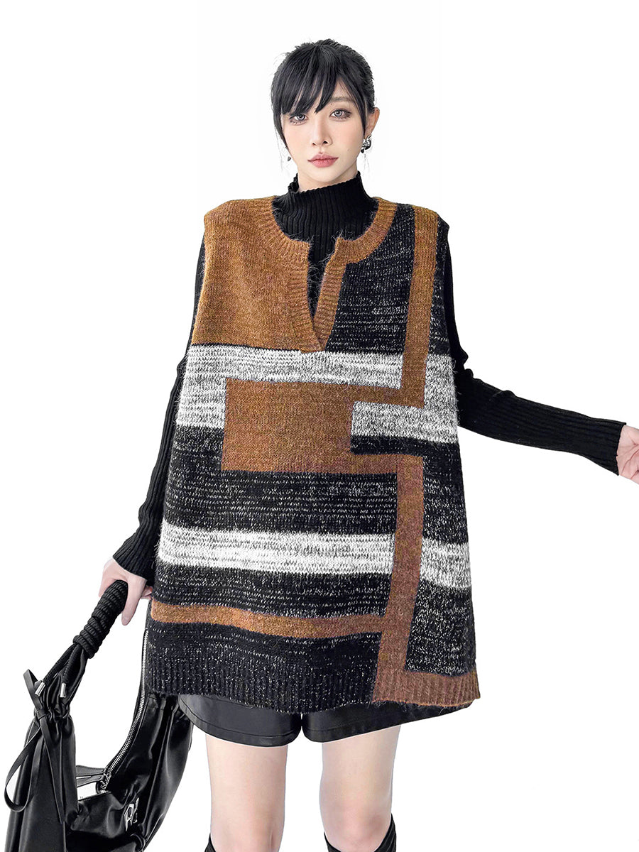 Contrast Color Geometric Split-Joint Striped Loose Sleeveless V-Neck Vest Top Outerwear