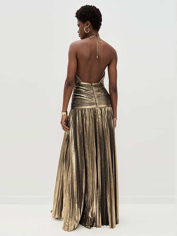 Pleated Shiny Solid Color Split-Side Elasticated Waist Sleeveless Halter-Neck Maxi Dresses