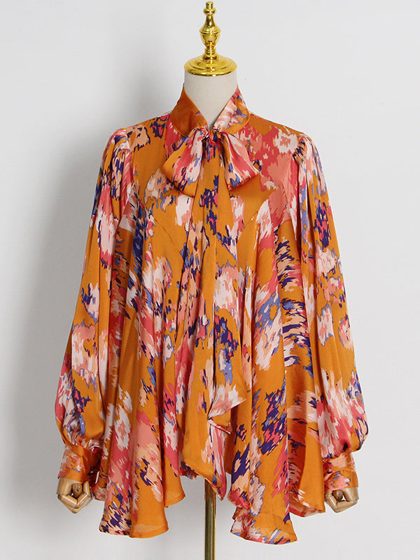 Loose Printed Puff Sleeves Pleated Stand Collar Blouses