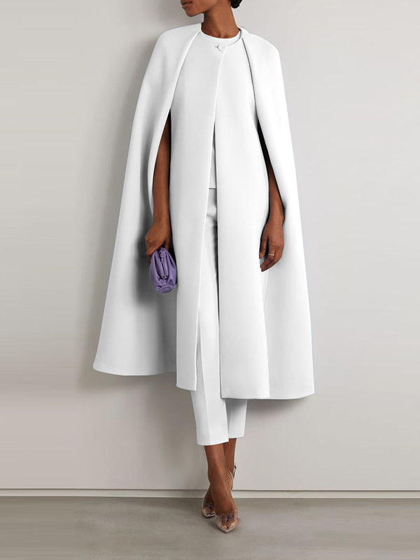 Solid Color Cap Sleeve Round-neck Two Pieces Set Pants Cape