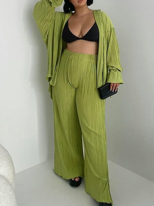 Solid Color Flared Sleeves Long Sleeves Buttoned Drawstring Pleated Split-Side Lapel Shirts Top + Pants Bottom Pajama Sets