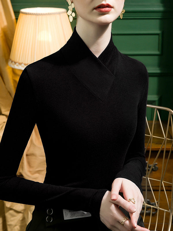 Solid Color Split-Joint Long Sleeves Plus Size V-Neck T-Shirts