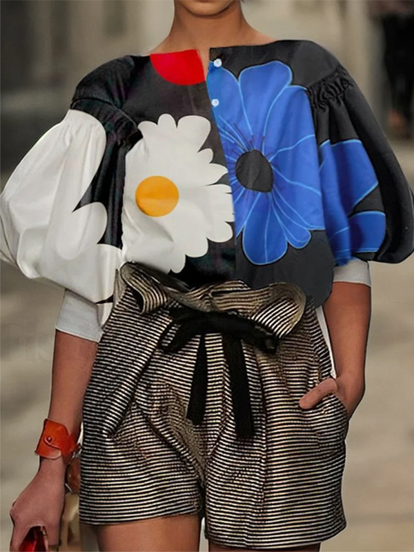 Half Sleeves Loose Contrast Color Floral Printed Boat Neck Blouses&Shirts Tops
