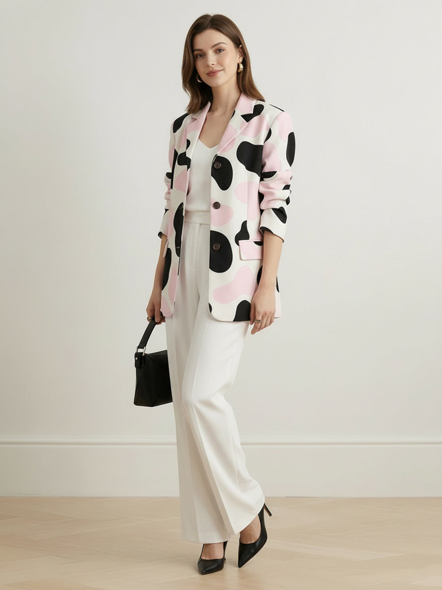 Buttoned Contrast Color Cow Printed Split-Joint Long Sleeves Loose Notched Collar Outerwear Blazer