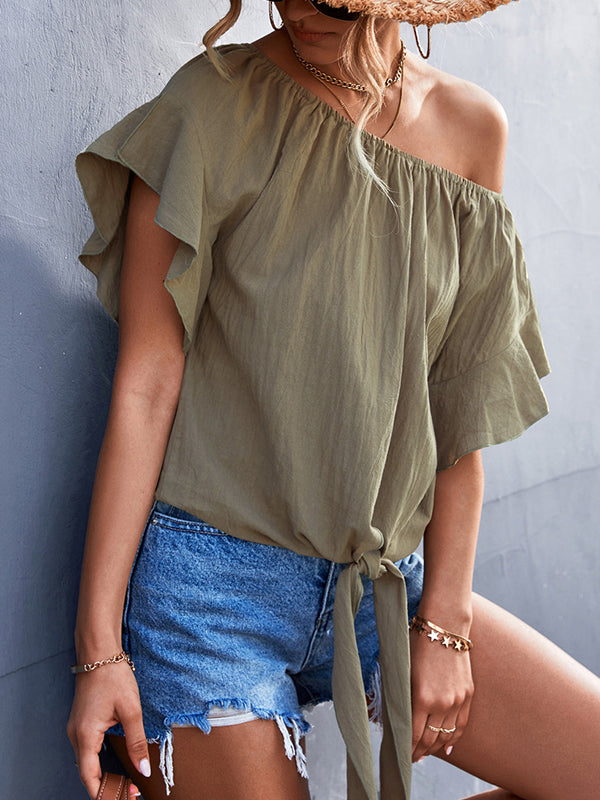 Elasticity Falbala Pleated Solid Color Tied Loose Short Sleeves Round-Neck T-Shirts Tops