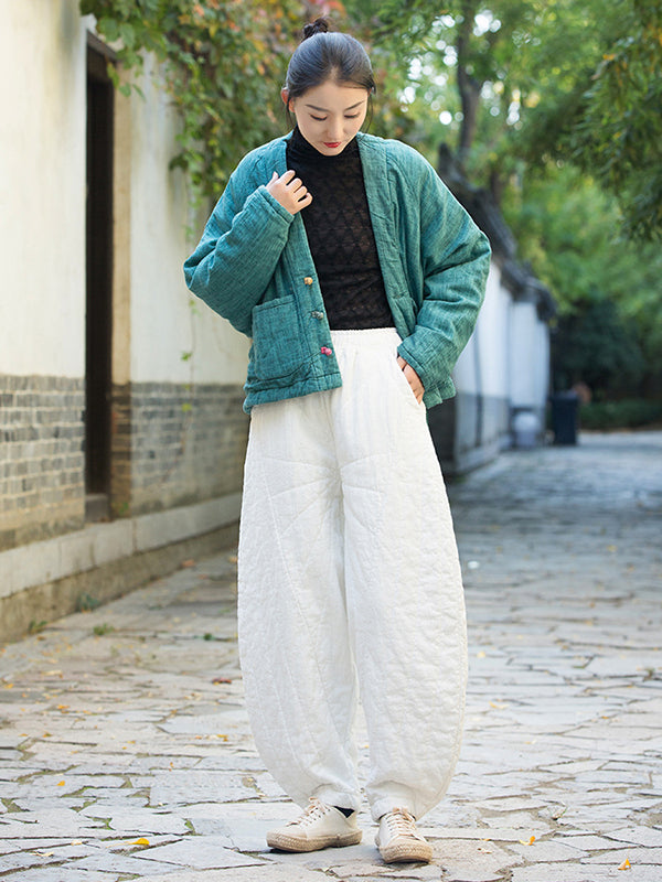 Casual Loose Keep Warm Quilted Solid Color Padded Bloomers Pants