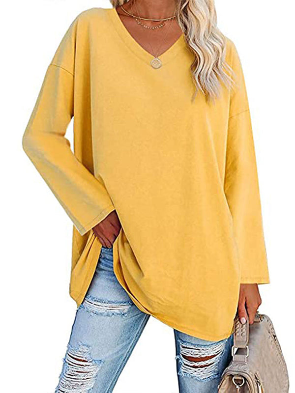 See-Through Solid Color Split-Joint Long Sleeves Loose V-neck T-shirts
