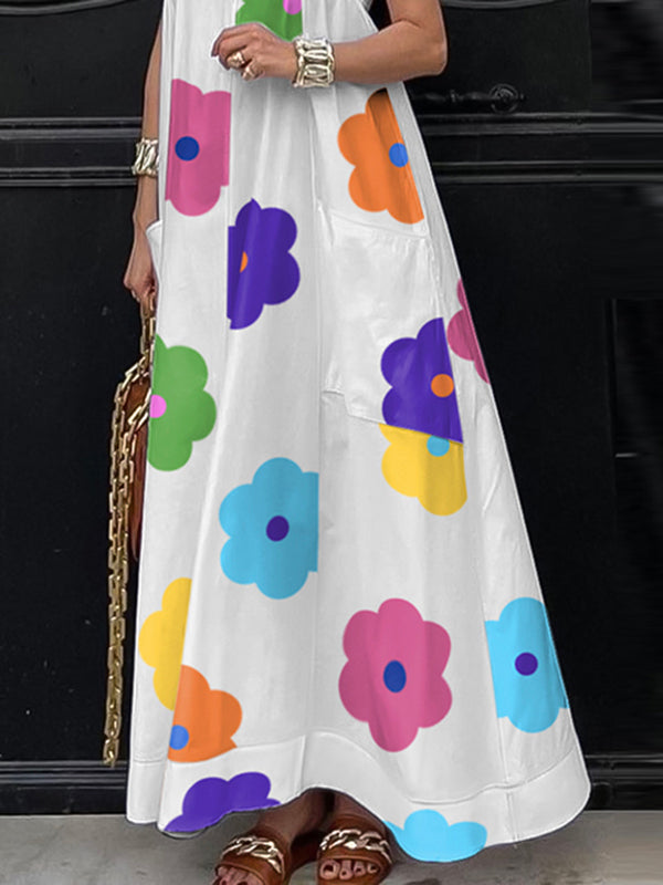 Floral Printed Loose Sleeveless Square-Neck Maxi Dresses