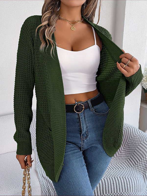 Pockets Solid Color Split-Joint Long Sleeves Loose Collarless Cardigan Tops