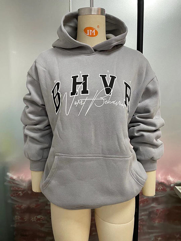 Keep Warm Letter Print Velvet Long Sleeves Loose Hooded Hoodies Tops