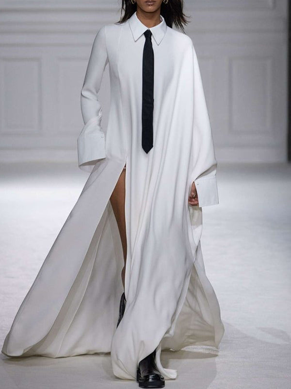 Long Sleeves Loose With Necktie Split-Joint Split-side Lapel Maxi Dresses Shirt Dress