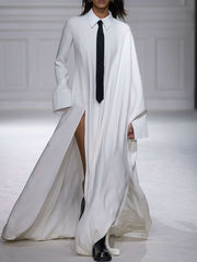 Long Sleeves Loose With Necktie Split-Joint Split-side Lapel Maxi Dresses Shirt Dress