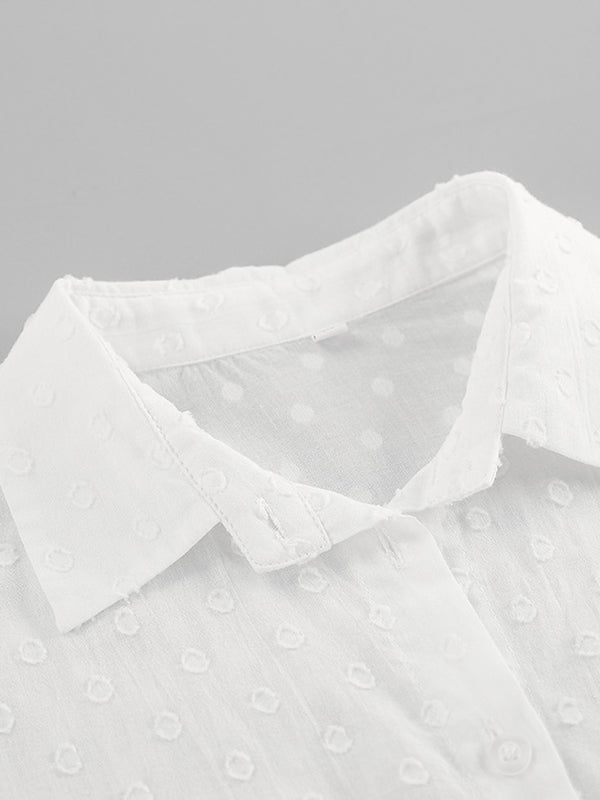 Loose Solid Color Jacquard Ruffled Split-Joint Lapel Blouse + High Waisted Shorts Two Pieces Set