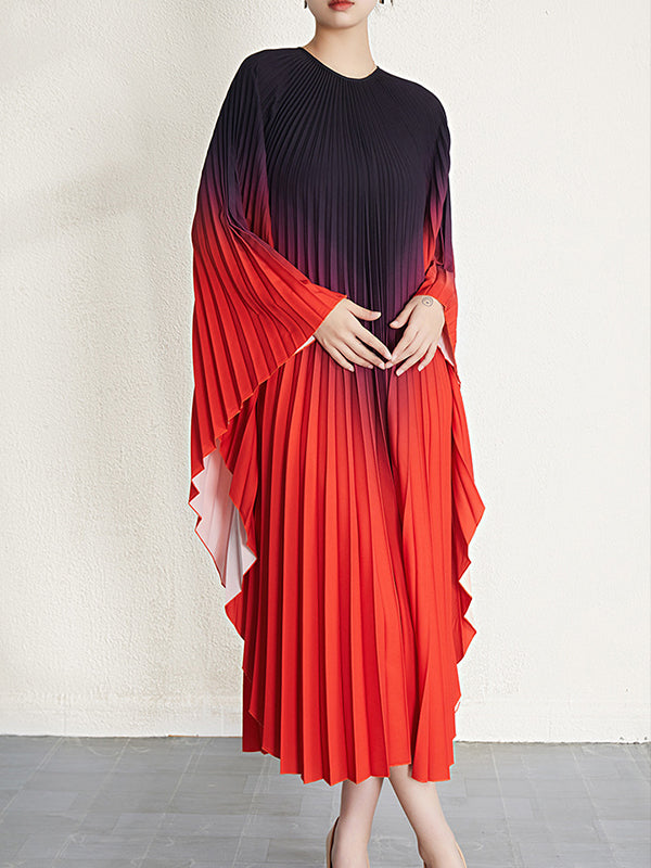 Gradient Pleated Batwing Sleeves Loose Round-Neck Midi Dresses