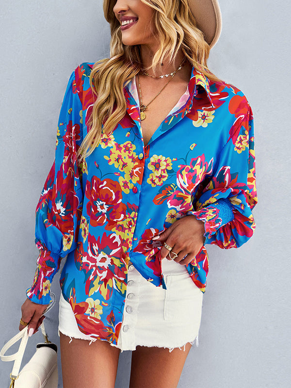 Buttoned Elasticity Flower Print Long Sleeves Loose Lapel Blouses&Shirts Tops