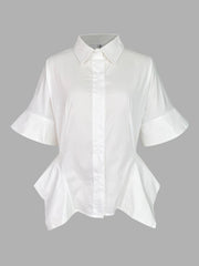 Half Sleeves Loose Buttoned Solid Color Lapel Blouses&Shirts Tops