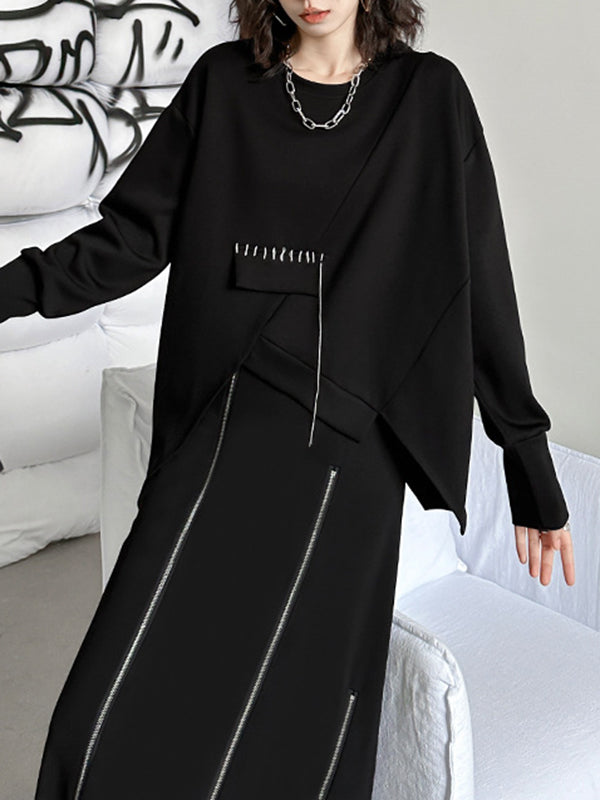 Asymmetric Long Sleeves Loose Round-Neck Sweatshirt Tops
