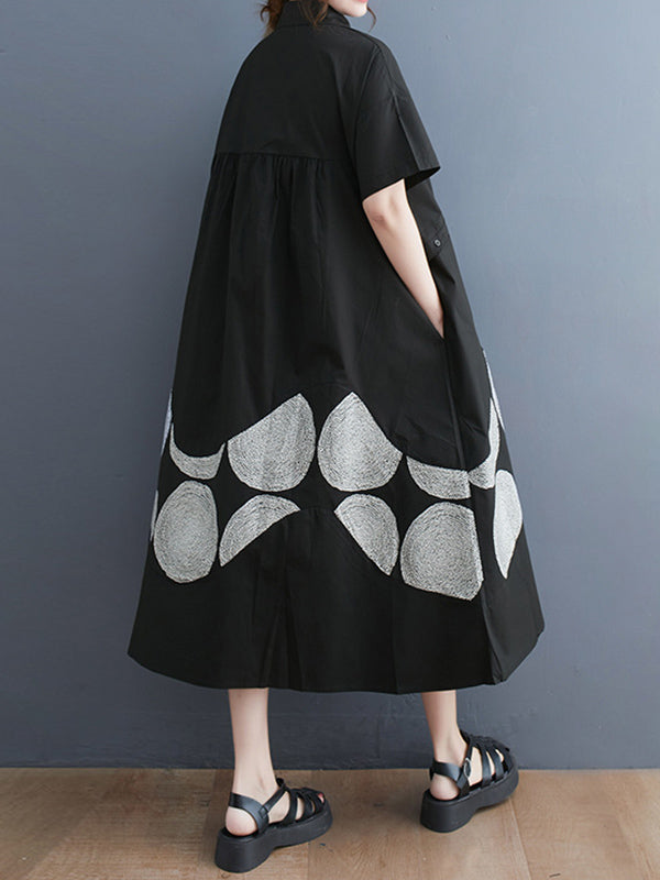 A-Line Oversize Ethnic Printed Contrast Color Printed Split-Joint Lapel Midi Dresses Shirt Dress