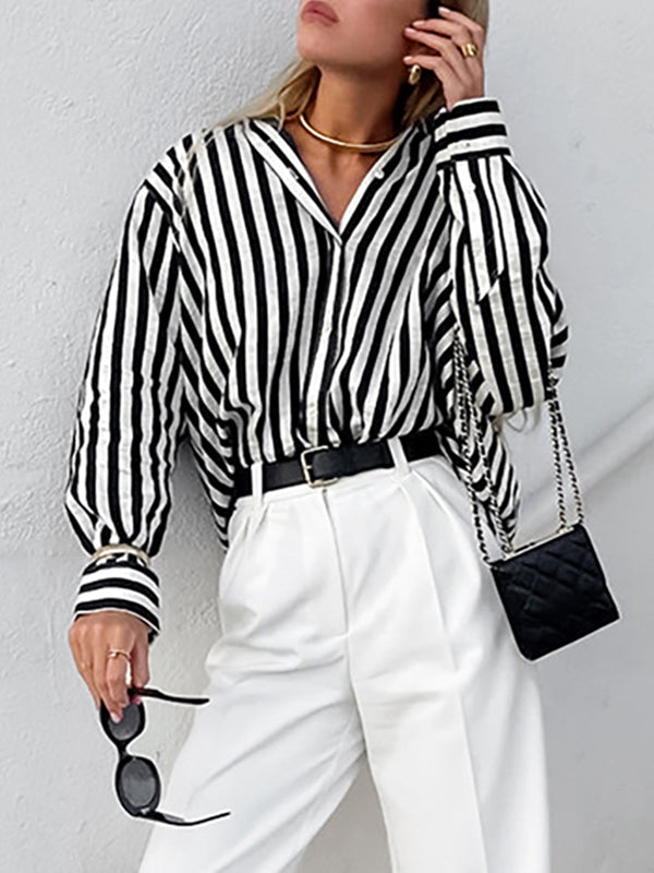 Split-Joint Striped Long Sleeves Loose Lapel Blouses