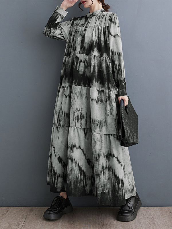 Pleated Split-Joint Tie-dyed Long Sleeves Loose Stand Collar Midi Dresses