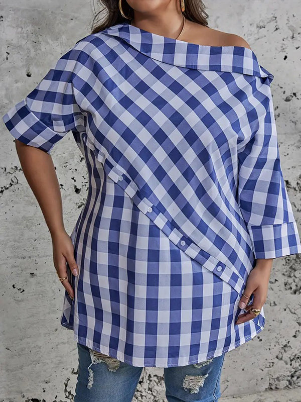 Asymmetric Buttoned Plaid Half Sleeves Loose One-Shoulder Blouses&Shirts Tops