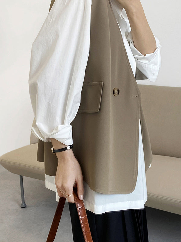 Pockets Split-Joint Loose Sleeveless V-Neck Vest Top