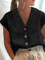 Buttoned Solid Color Cap Sleeve Loose Lapel Blouses&shirts Tops