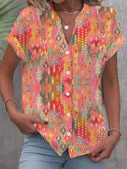 Buttoned Printed Loose Short Sleeves V-Neck Blouses&Shirts Tops