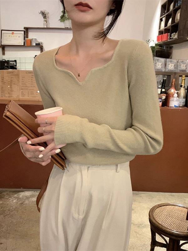 Colorful Solid Color Long Sleeves Skinny V-neck Sweater Tops Pullovers Knitwear