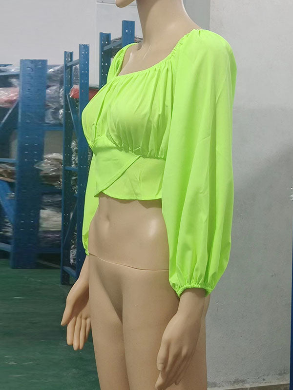 Elasticity Pleated Solid Color Long Sleeves Loose Off-the-shoulder Blouses