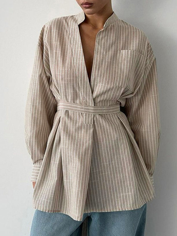 Pleated Split-Toe Striped Loose Puff Sleeves V-neck Blouses&shirts Tops