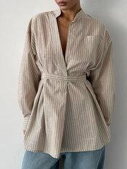 Pleated Split-Toe Striped Loose Puff Sleeves V-neck Blouses&shirts Tops