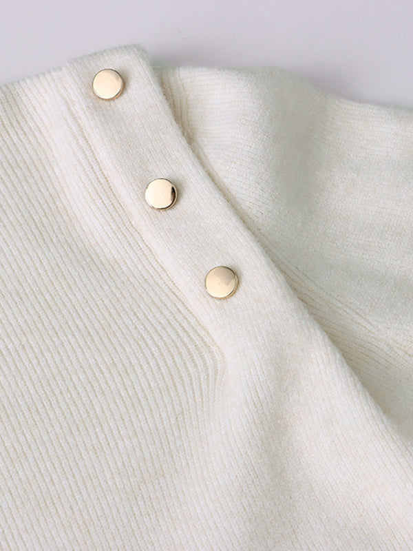 Buttoned Split-Joint Long Sleeves High-Neck Sweater Tops