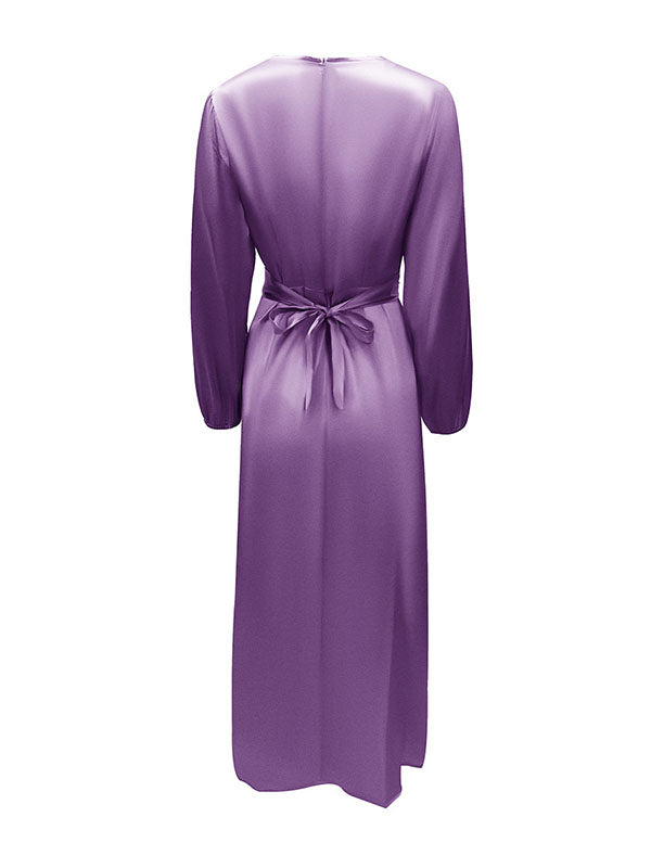 High-Waisted Solid Color Tied Waist Zipper Wrap Round-neck Maxi Dresses