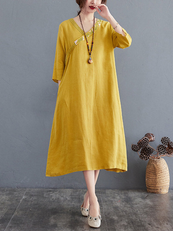 Cotton Blend V-Neck Embroidered Midi Dress