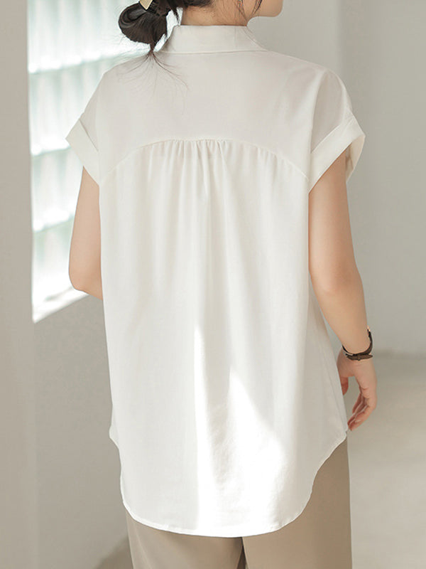 Buttoned Pleated Solid Color Split-Joint Loose Short Sleeves Lapel Blouses&Shirts Tops