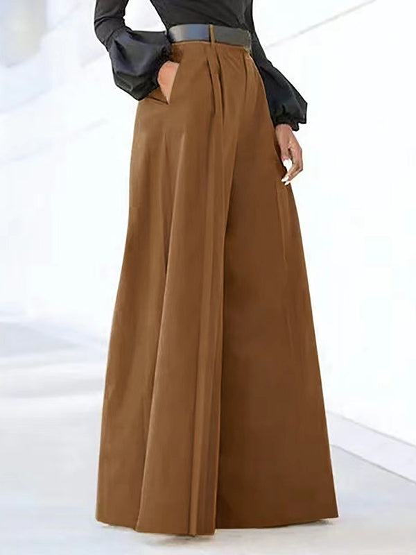 Pleated Solid Color Split-Joint High Waisted Loose Trousers Pants