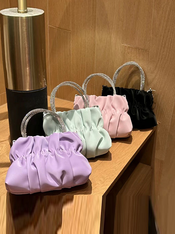 Chains Pleated Rhinestone Solid Color Zipper Crossbody Bags Accessories