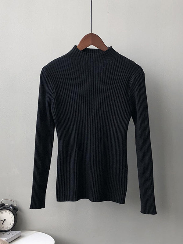 Simple Long Sleeves Skinny Leg Solid Color High-Neck Sweater Tops