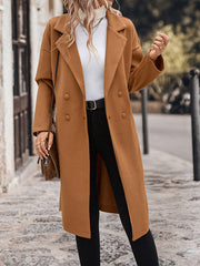 Buttoned Solid Color Split-Joint Tied Waist Long Sleeves Loose Notched Collar Woolen Coat