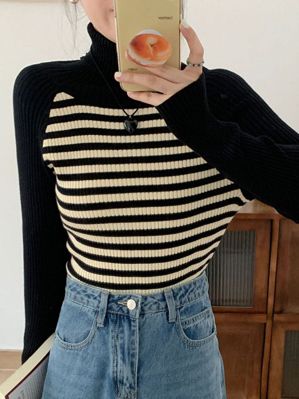 Contrast Color Striped Long Sleeves Skinny High Neck Sweater Tops Pullovers