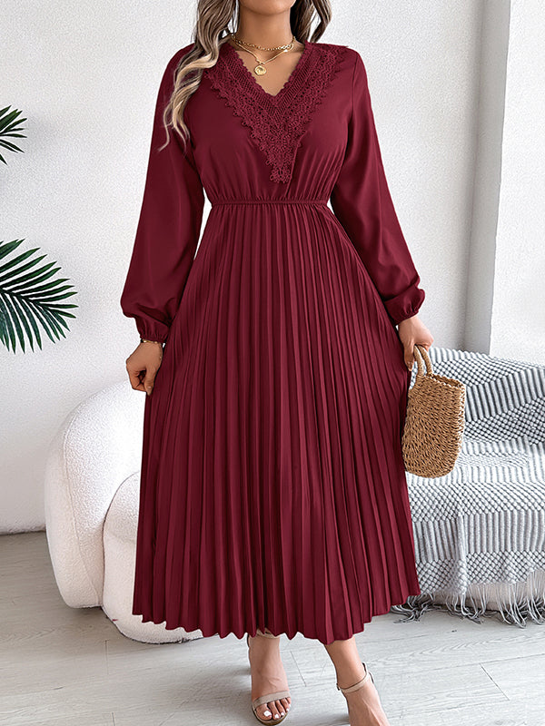 Pleated Solid Color Elasticated Waist High Waisted V-neck Midi Dresses