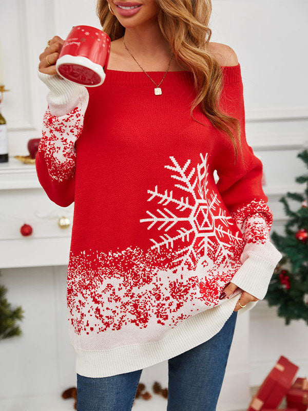 Jacquard Velvet Long Sleeves Loose Off-The-Shoulder Sweater Tops Pullovers