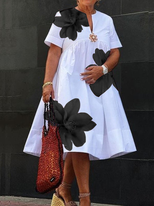 Flower Print Pleated A-Line Loose V-Neck Midi Dresses