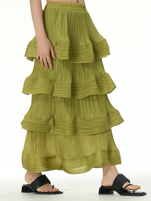 Elasticity Layered Pleated Ruffled Solid Color Loose Skirts Bottoms