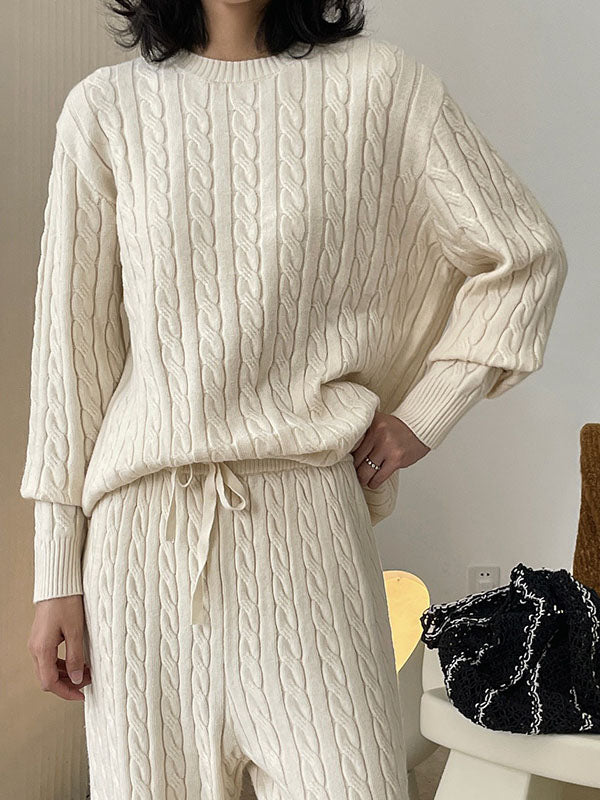 Casual Loose Long Sleeves Jacquard Solid Color Round-Neck Sweater Tops