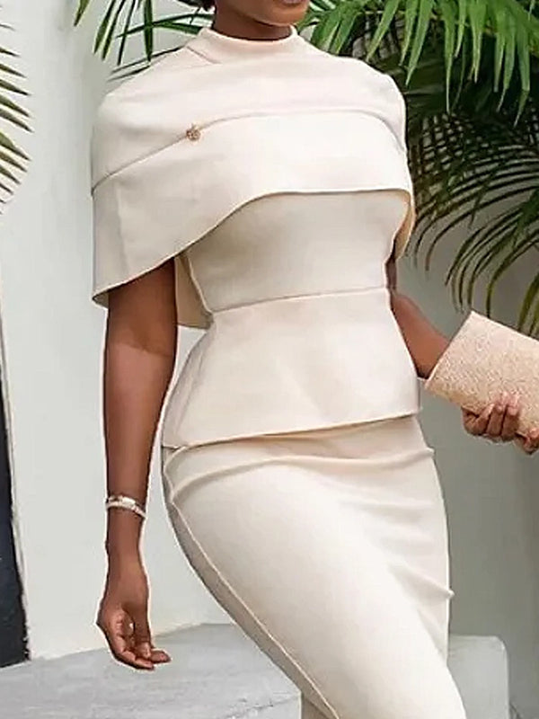 Solid Color Split-Joint Bodycon Capelet Mock Neck Shirts Tops
